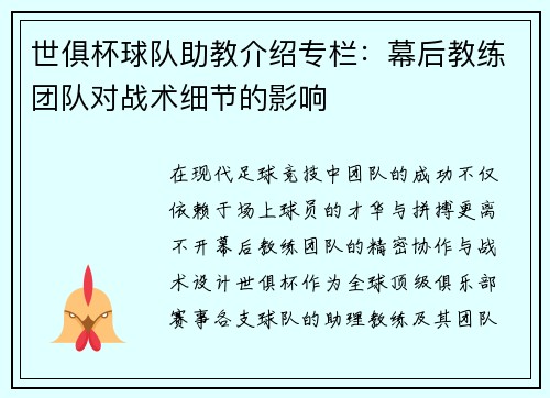 世俱杯球队助教介绍专栏：幕后教练团队对战术细节的影响
