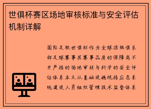 世俱杯赛区场地审核标准与安全评估机制详解