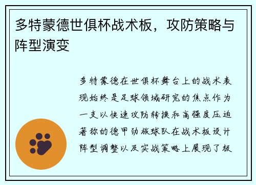 多特蒙德世俱杯战术板，攻防策略与阵型演变