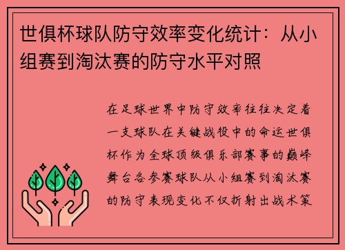 世俱杯球队防守效率变化统计：从小组赛到淘汰赛的防守水平对照